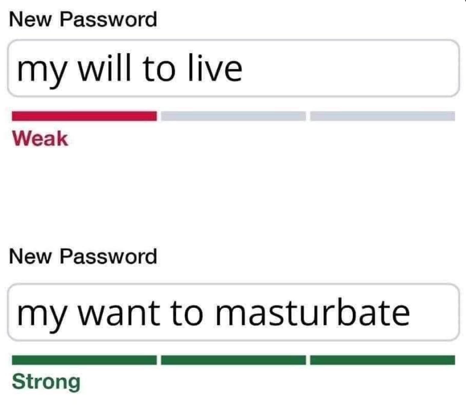 screenshot - New Password my will to live Weak New Password my want to masturbate Strong